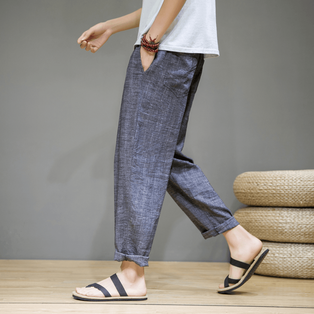 2021 Summer New Linen Casual Pants Men'S Thin Sports Nine-Point Pants Chinese Style Large Size Loose Cotton and Linen Pants - MRSLM