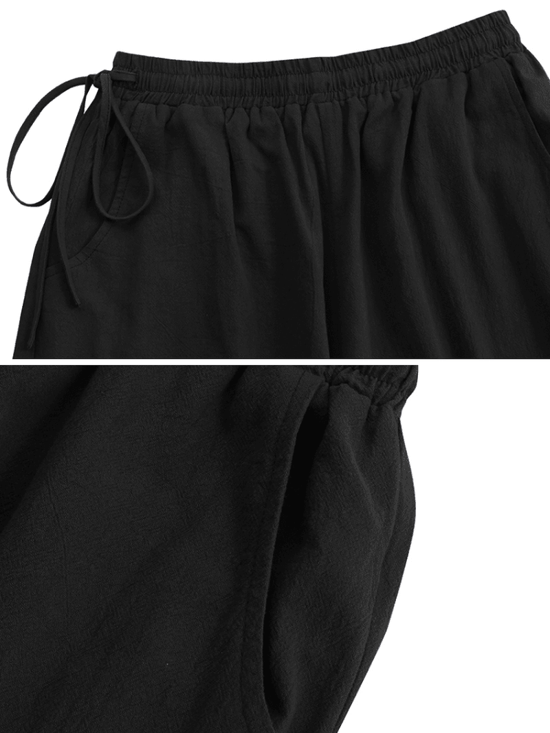 Women Casual Solid Color Side Drawstring Loose Wide Leg Pants with Pockets - MRSLM