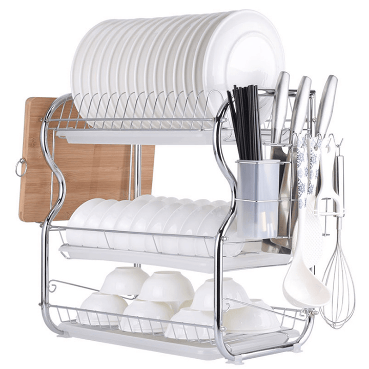 3 Tier Chrome Dish Drying Rack Drainer Cutlery Cups Holder Drip Kitchen Storage Arrangement for Dishes - MRSLM