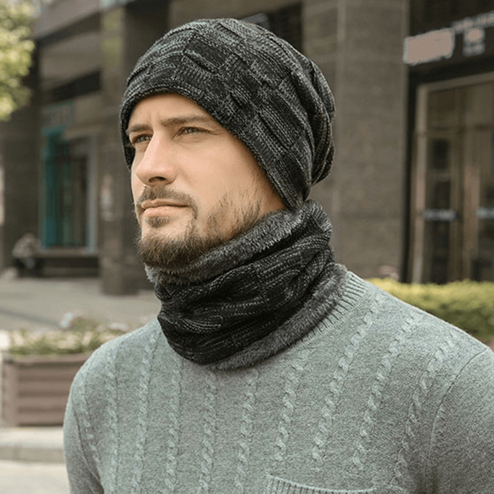 Men 2PCS Wool plus Velvet plus Thickness Winter Outdoor Keep Warm Neck Protection Headgear Scarf Knitted Hat - MRSLM