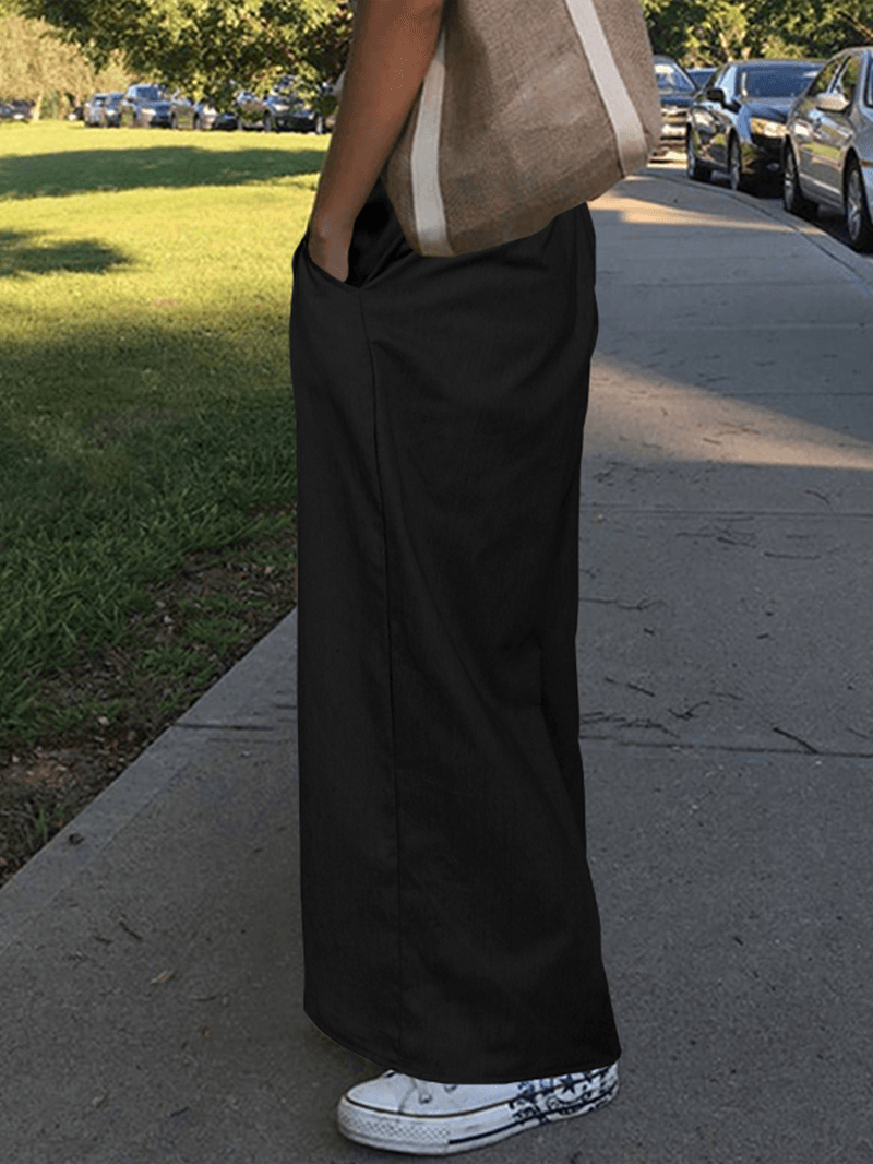 Women Solid Color Elastic Waist Cotton Casual Loose Wide Leg Pants - MRSLM