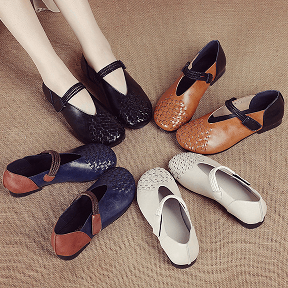 Women Genuine Leather Knitted Casual Hook Loop Flats - MRSLM