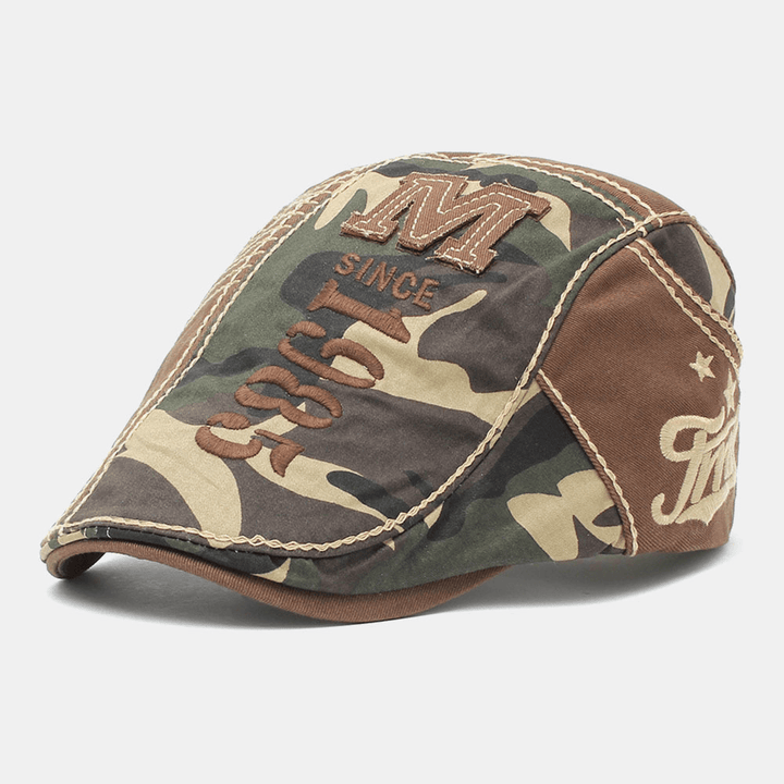 Men Cotton Camouflage Letter Embroidery Pattern Outdoor Casual Beret Cap Forward Cap Flat Hat - MRSLM