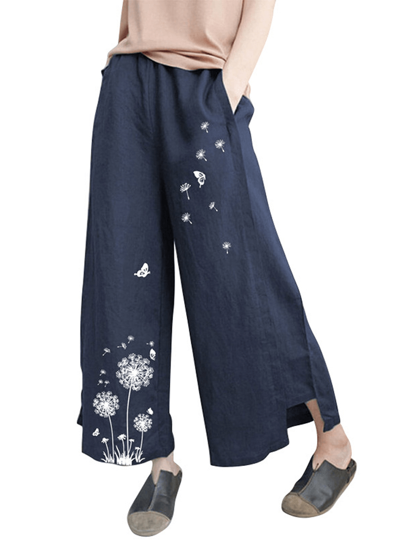 Women Floral Print Elastic Waist Loose Wide Leg Pants with Pocket - MRSLM