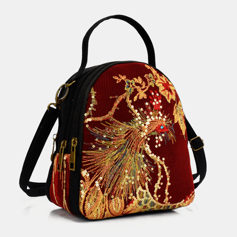 Women Canvas Ethnic Style Embroidery Peacock Pattern Sequin Mini Multi-Carry Handbag Crossbody Bag - MRSLM