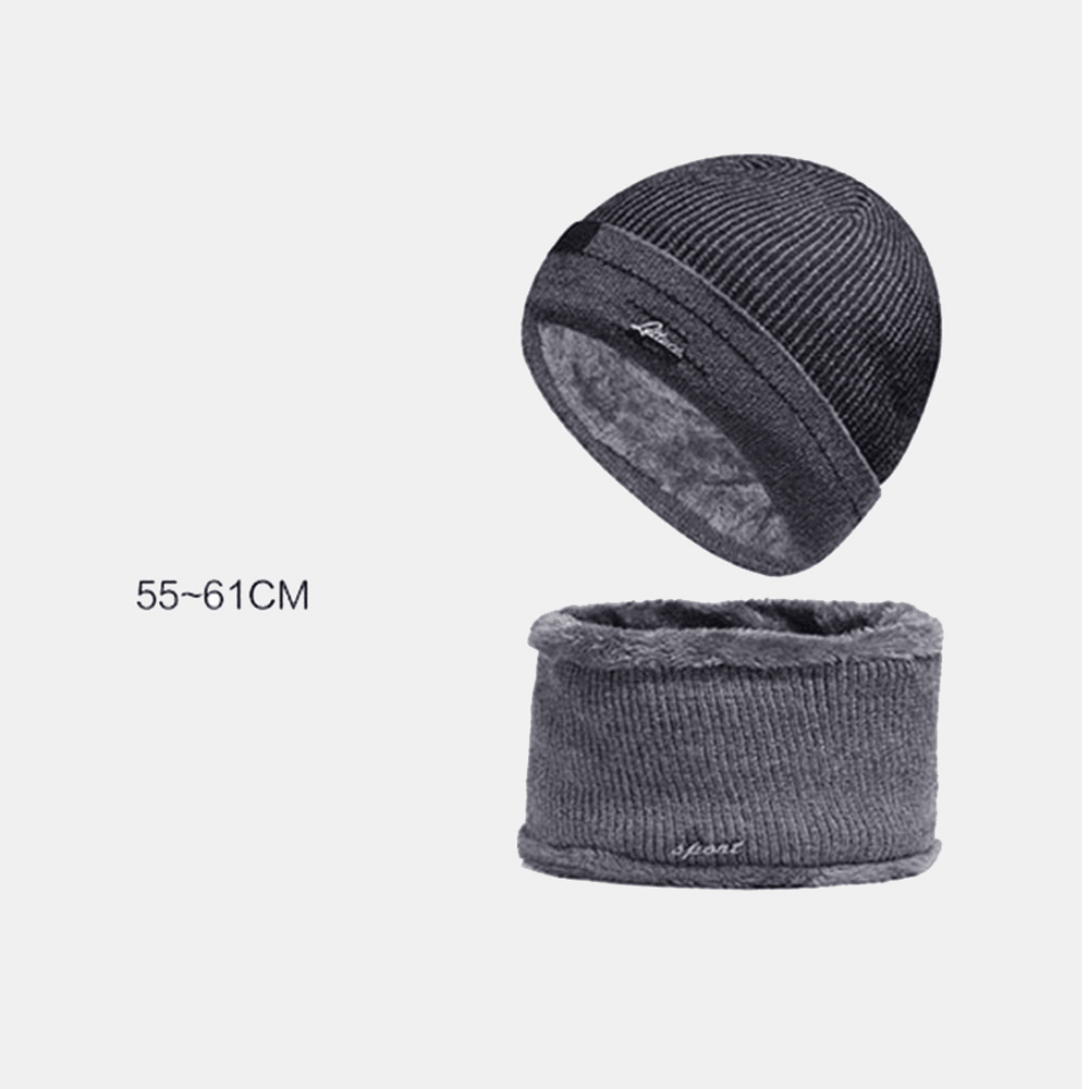 2 Pcs Men Wool Knitted Striped Letter Metal Label plus Velvet Warmth Beanie Hat Bib Scarf Set - MRSLM