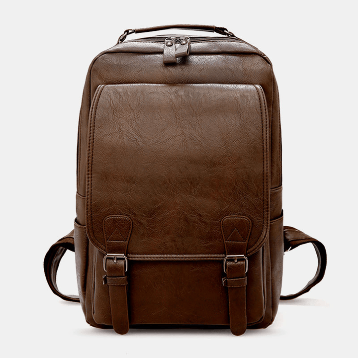 Men PU Leather Vintage Business Waterproof Wear-Resistant Large Capacity 15.6 Inch Laptop Bag Backpack - MRSLM