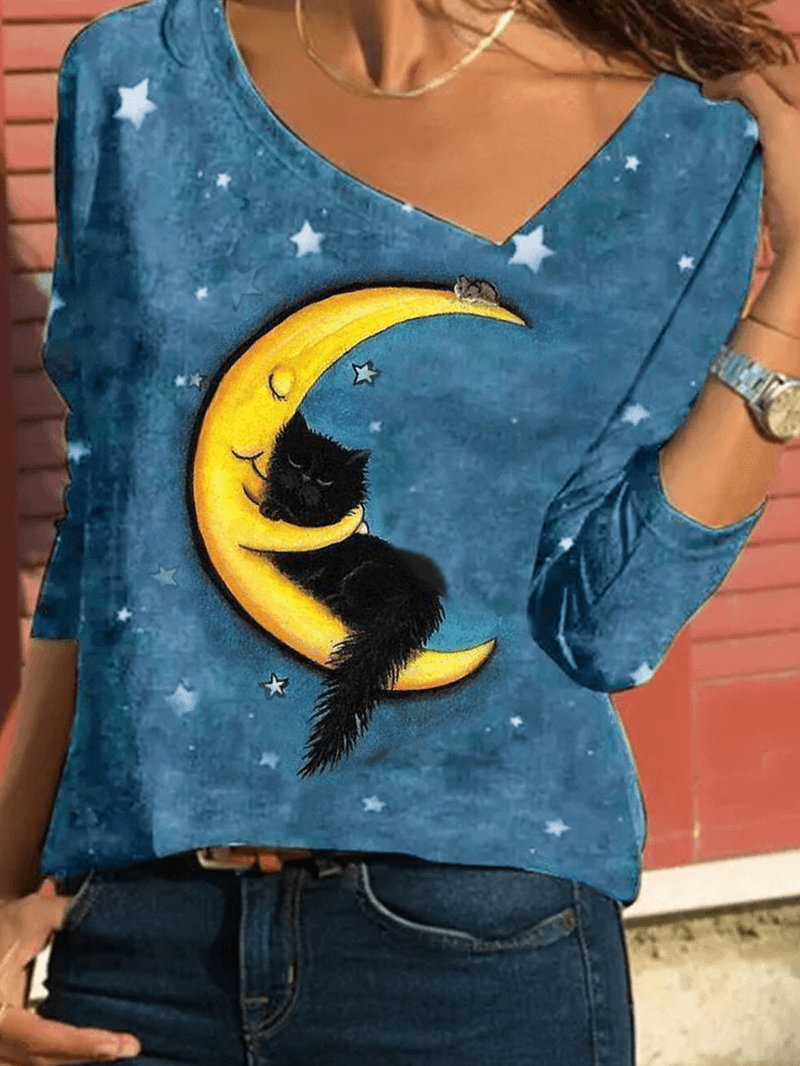 Women Cartoon Cat Starry Sky Print Asymmetrical Neck Casual Long Sleeve Blouses - MRSLM