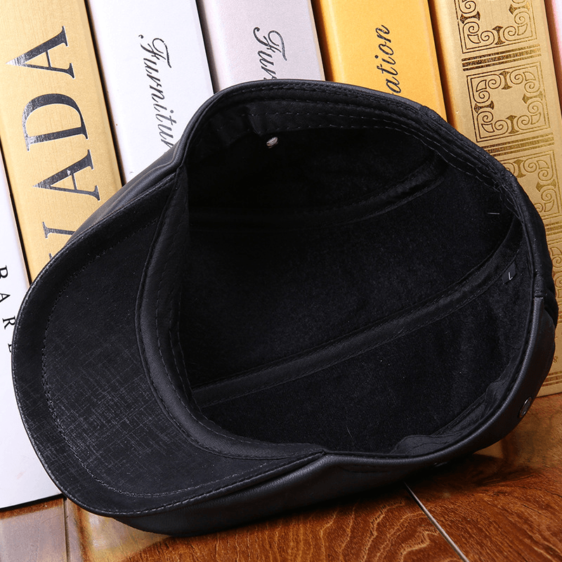 Leather Hat Men'S Sheepskin Ear Protection Leather Suede Beret - MRSLM