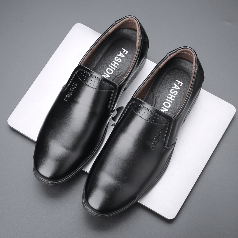 Men Cowhide Leather Pointed Toe Soft Bottom Slip on Business Casual Dress Shoes - MRSLM