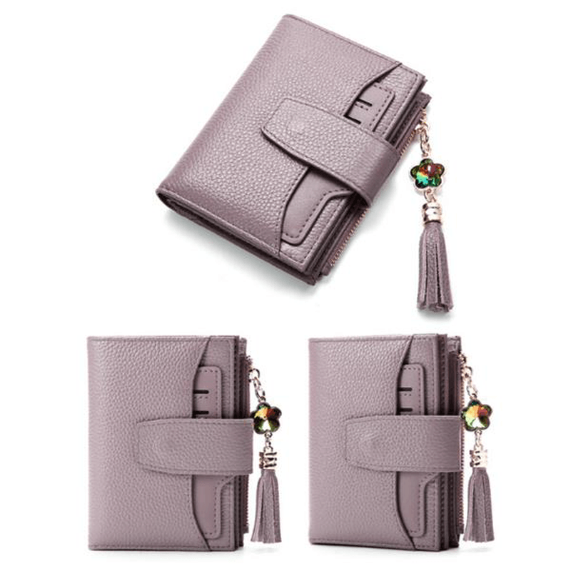 Women Casual Genuine Leather Purse 19 Card Slot Tassel Short Wallet - MRSLM