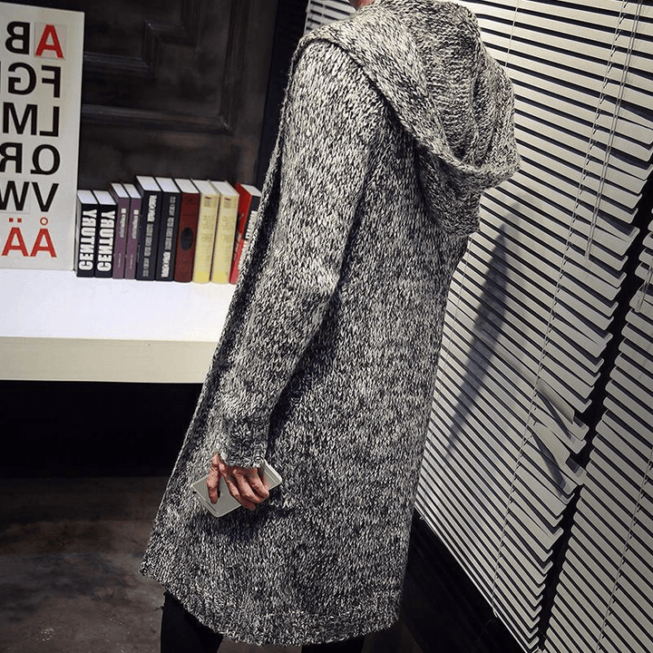 Men'S Hooded Mohair Loose Long Sweater Cardigan Fashion Pocket Knit Sweater Jacket - MRSLM