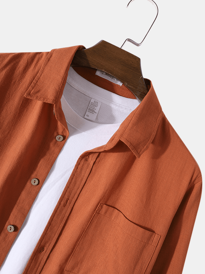 Mens 100% Cotton Button up Long Sleeve Solid Color Shirts with Pocket - MRSLM