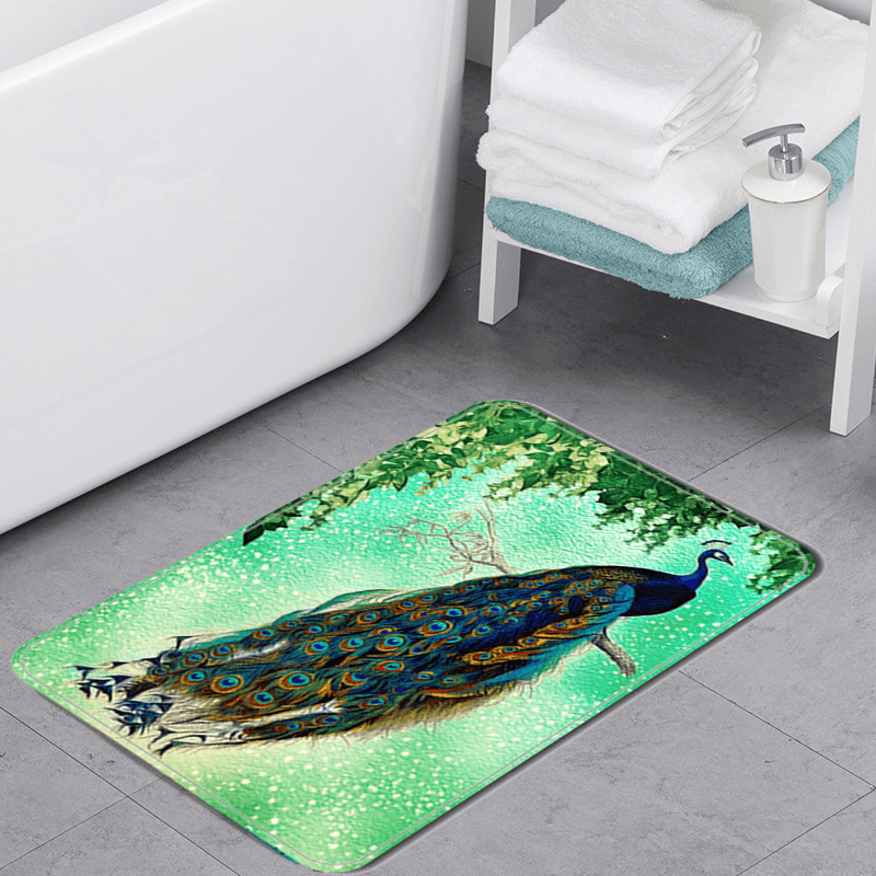 4Pcs Peacock Print Shower Curtain Floor Mat Bathroom Mat Bath Creat Decor - MRSLM