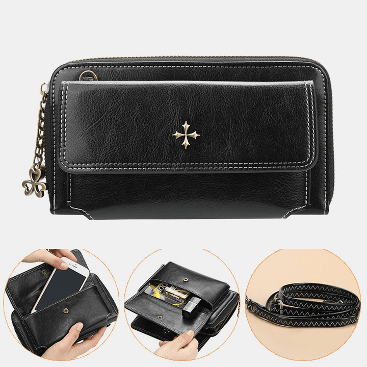 Women PU Leather Cross Flower Tassel Large Capacity Multi-Card Slot Phone Bag Crossbody Bag Shoulder Bag - MRSLM