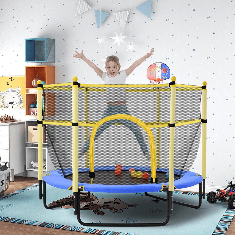 [USA Direct] Bominfit 5FT Trampoline Kids Aerobic Jump Training with with Basketball Hoop 6 Pcs Balls Home Garden Exercise Tools - MRSLM
