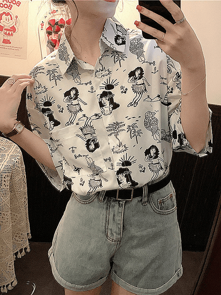 Women Funny Cartoon Printed Lapel Collar Loose Shirts - MRSLM