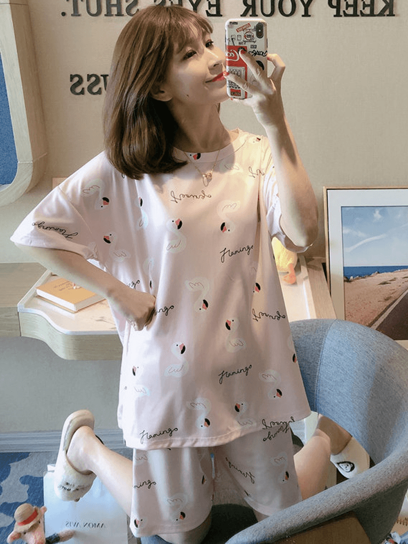 Women Funny Cartoon Animal Print Short Sleeve Two Piece Home Casual Pajama Set - MRSLM