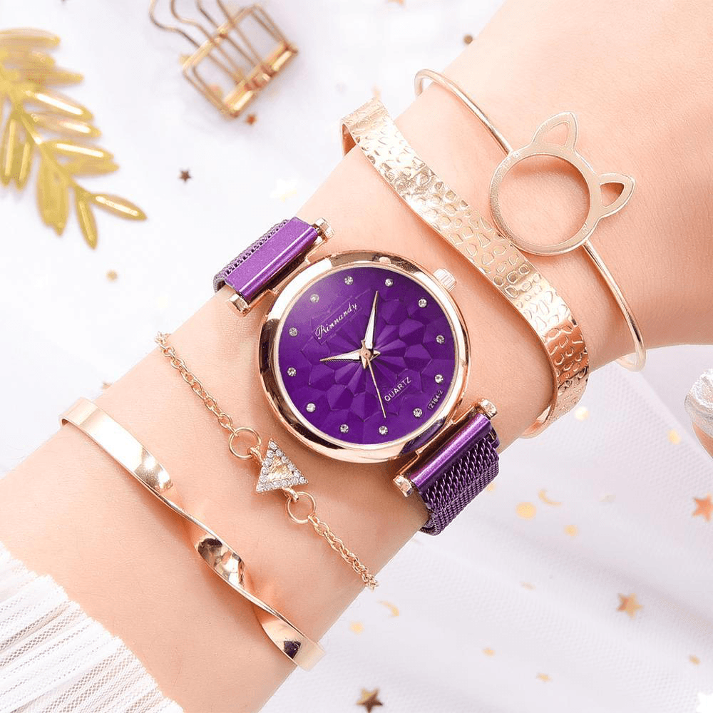 5 PCS Combination Women Bracelet Watch Set Flower Dial Mesh Steel Band Quartz Watch - MRSLM