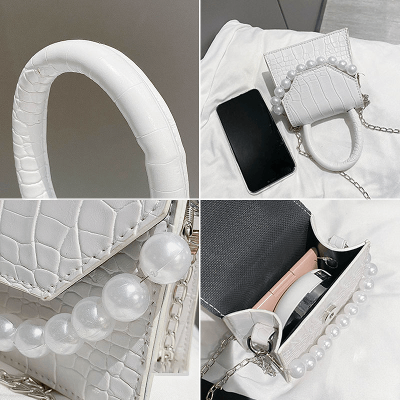 Women Pearls Chain Decor Flap Embossed Snake Pattern Mini Handbag Crossbody Bag Shoulder Bag - MRSLM