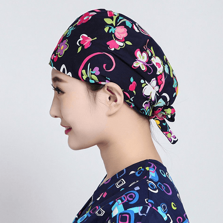 Women Flower Print Cotton Surgical Cap Doctor Nurse Work Hat - MRSLM