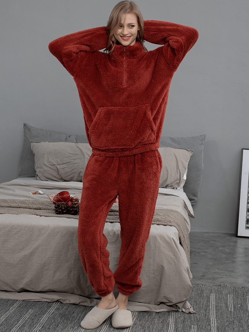 Women Solid Color Plush Fluffy Kangaroo Pocket Pullover Jogger Pants Home Pajama Set - MRSLM