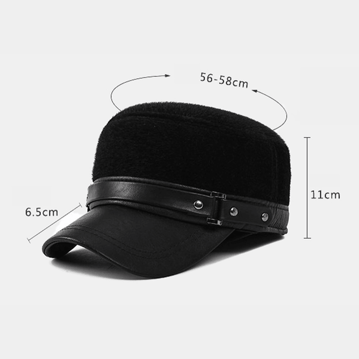 Men Artificial Mink Hair PU Brim Patchwork Rivet Decoration Built-In Ear Protection Thick Warmth Flat Cap - MRSLM