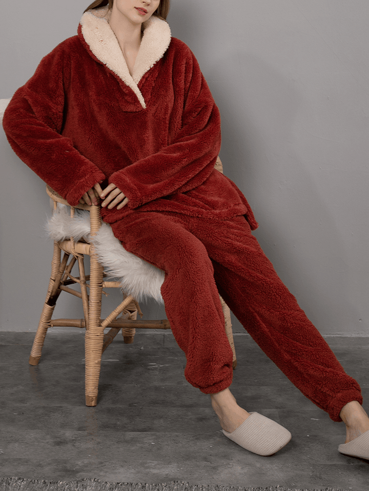 Women Fluffy Plush Thicken Lapel High Low Hem Loungewear Warm Pajamas Set - MRSLM