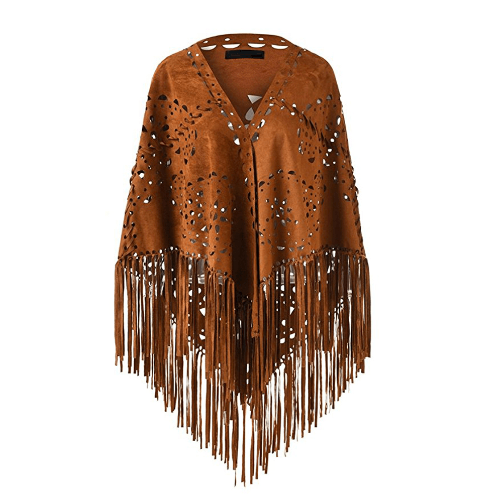 Stretch Suede Fringed Shawl Cape All-Match - MRSLM