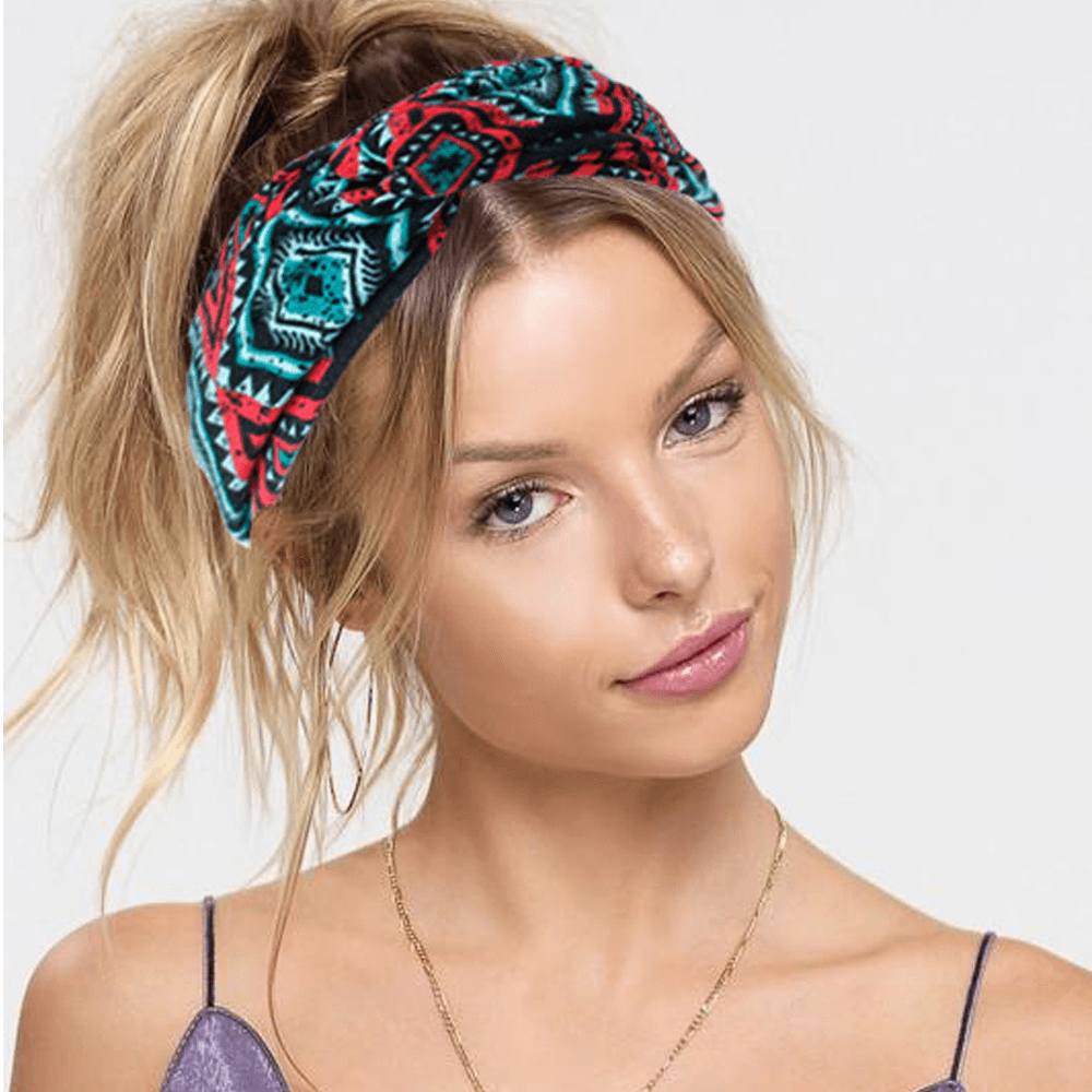 Women Bohemian Style Diamond Lattice Pattern Casual Outdoor Headdress Elastic Cross Tie Wide Brim Headband - MRSLM