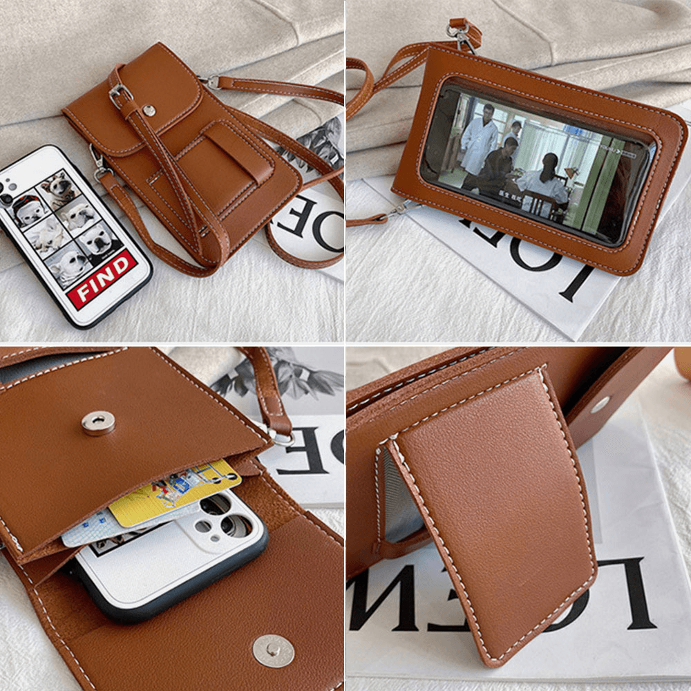 Women PU Soft Leather Waterproof Transparent Touch-Screen Phone Bag Crossbody Bag Shoulder Bag - MRSLM