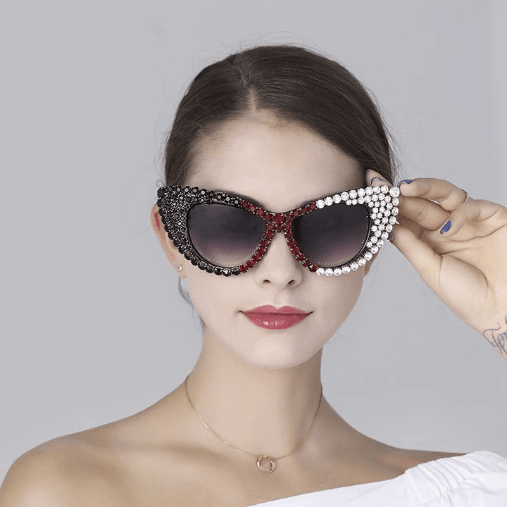 Color Pearl Rhinestone Cat Eye Female Personality Diamond Glasses Sunglasses - MRSLM