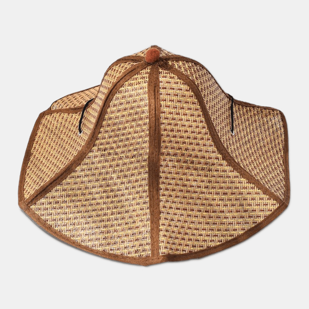 Women Folding Paper Straw Hat Hexagonal Fabric Hemming Sunshade Bucket Hat Sun Hat - MRSLM