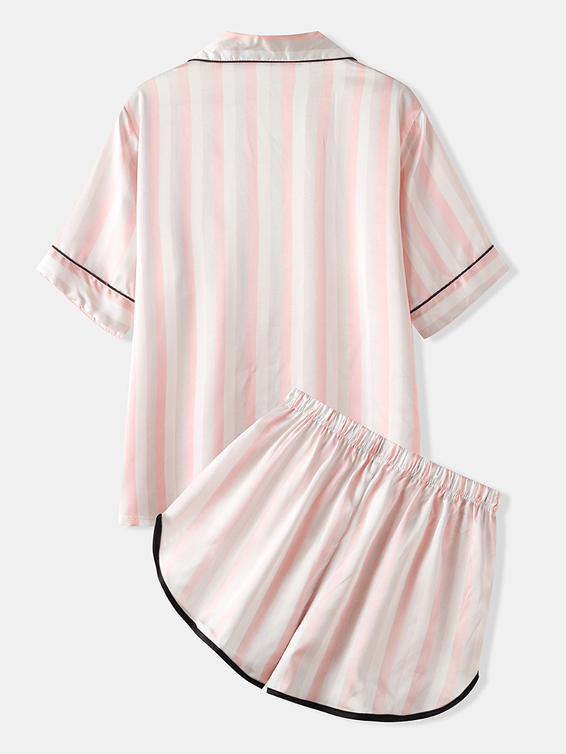 Women Colorful Striped Button up Revere Collar Pocket Home Ice Silk Pajama Set - MRSLM