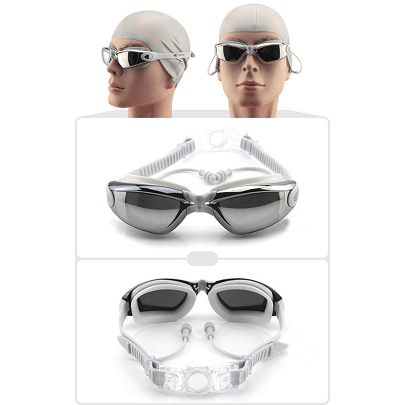 Swimming Goggles with Earplug Waterproof anti Fog Mirrored Large Frame HD Goggles for Men Women - MRSLM