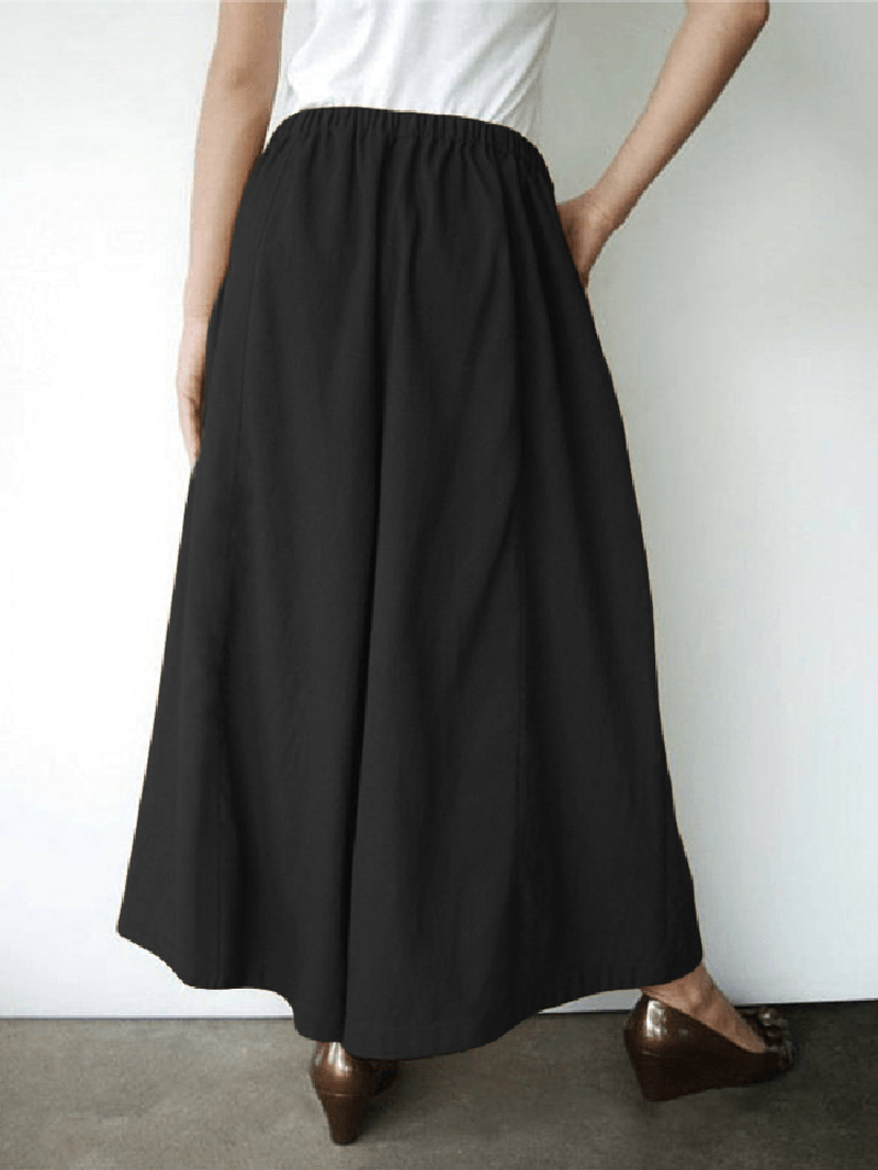 Women Cotton Solid Color Side Pockets Front Fork Wide Leg Pants - MRSLM