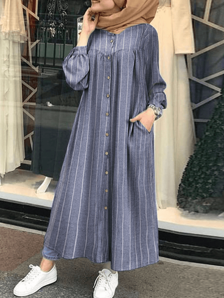 Women Casual Stripe Print Button Long Sleeve Side Pocket Shirt Maxi Dress - MRSLM