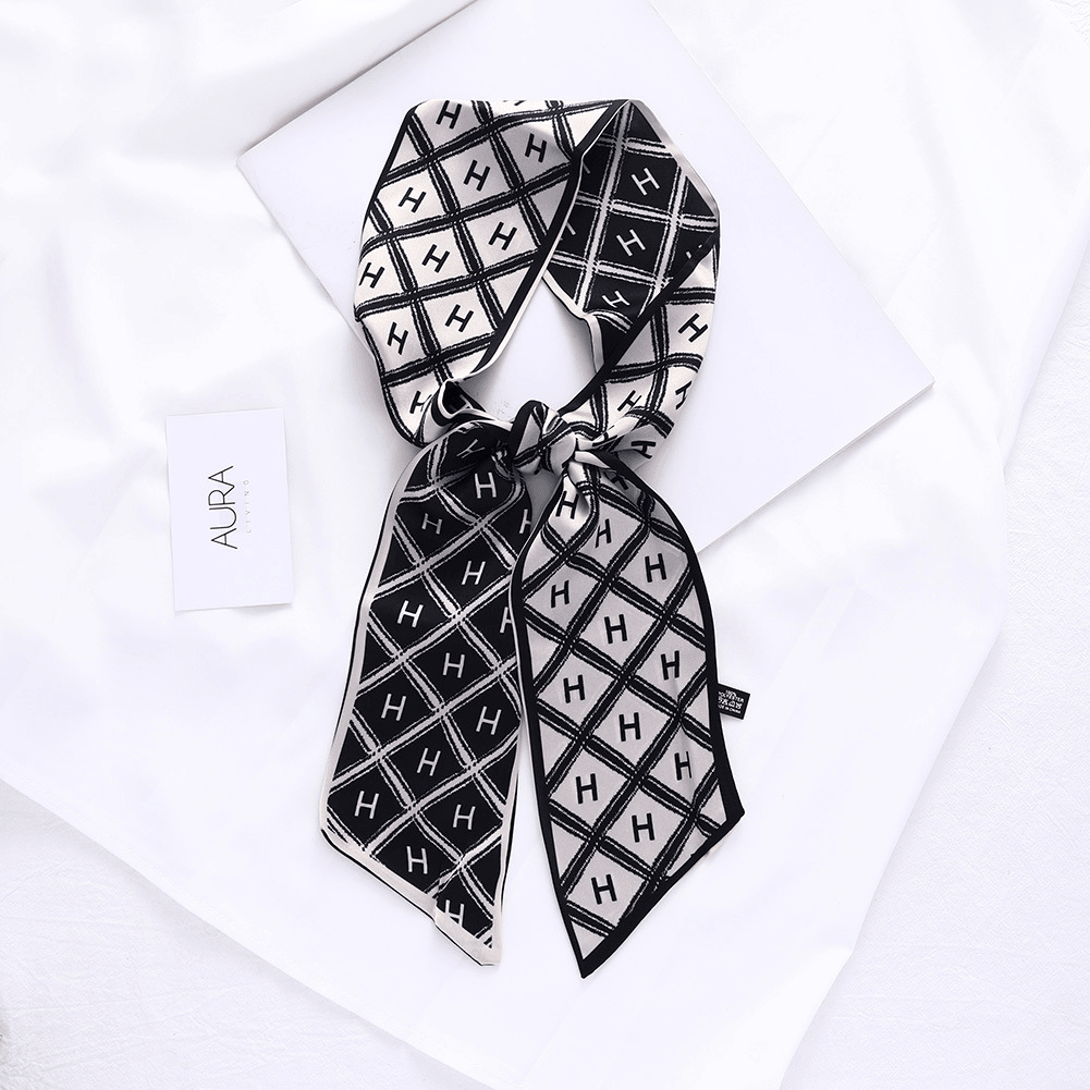 Retro French Forest Tied Hair Small Long Silk Scarf Female Lattice Letter Printing Tie Bag - MRSLM