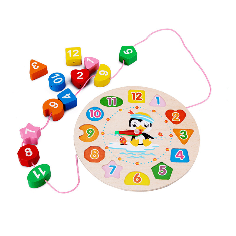 Wooden Digital Clock Beaded Toy Shape Matching Hand Grasping Board Multifunctional - MRSLM