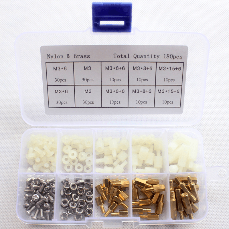 Suleve M3BN6 180Pcs M3 Nut Screw Standoff Set Nylon Stainless Steel Brass Hex Standoff Nut Screw Set Assortment Kit with Storage Box - MRSLM