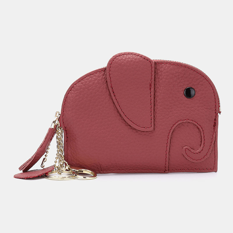 Women Genuine Leather Casual Cute Animal Elephant Pattern Mini Keychain Coin Bag Storage Bag - MRSLM