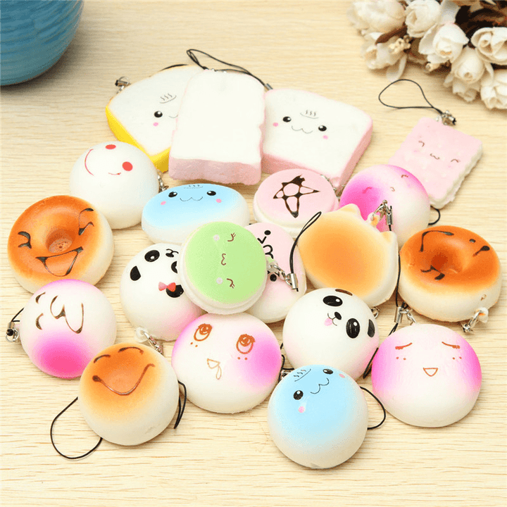 20PCS Random Medium Mini Squishy Soft Panda Bread Cake Buns Phone Straps - MRSLM