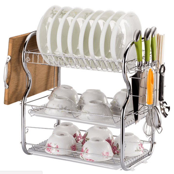 3 Tier Chrome Dish Drying Rack Drainer Cutlery Cups Holder Drip Kitchen Storage Arrangement for Dishes - MRSLM