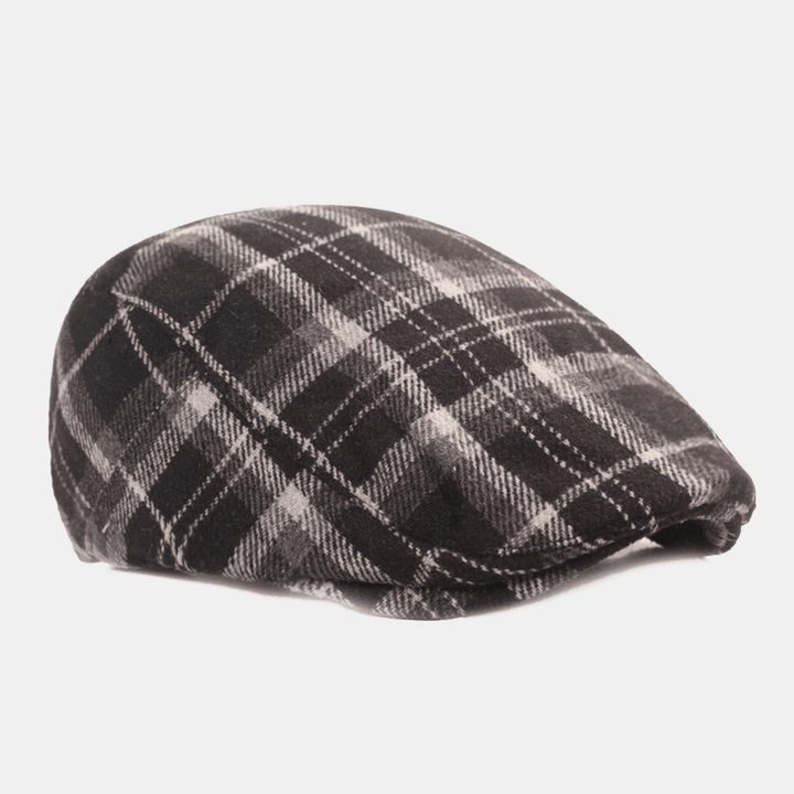 Men Cotton Lattice Pattern Thicken Warmth Casual Forward Hat Beret Flat Cap - MRSLM