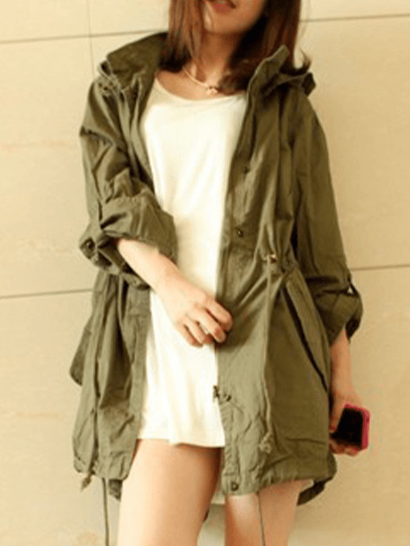 Women Solid Color Drawstring Waist Casual Hooded Coats with Pocket - MRSLM