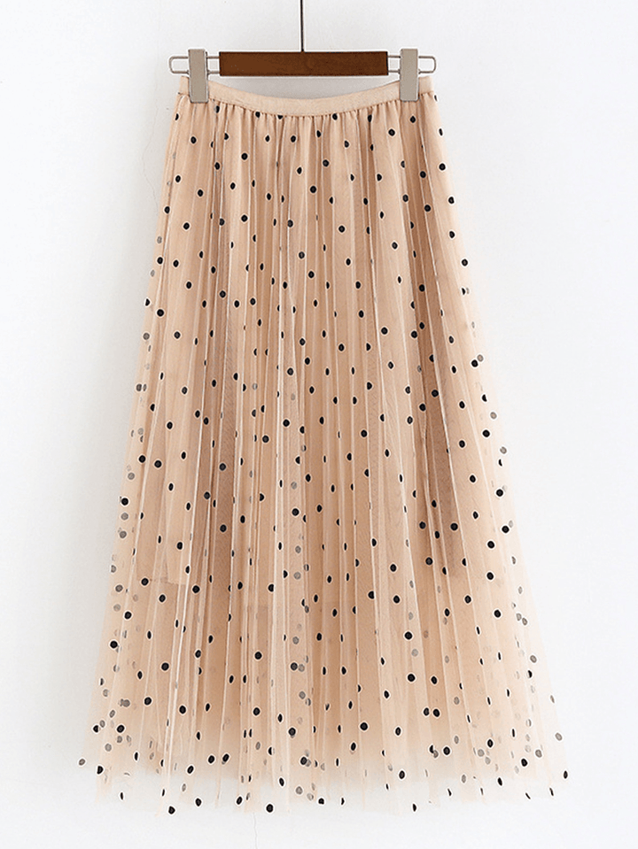 Women Polka Dot Print Gauze Elastic Waist Midi Mesh Pleated Skirt - MRSLM