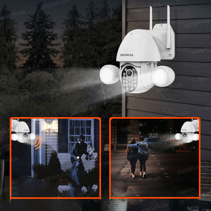 SHIWOJIA 3MP WIFI Security Camera Dual-Lamp Smart Lighting Courtyard PTZ Rotation Camera IP66 Waterproof Color Night Vision Camera - MRSLM