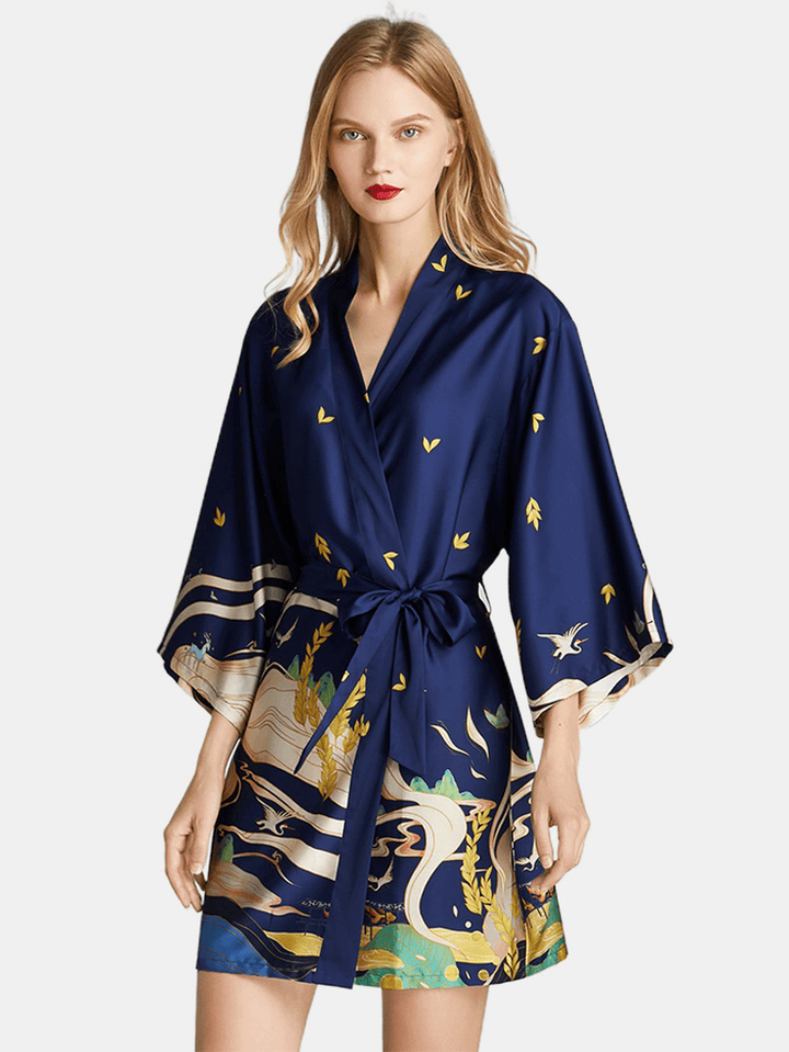 Summer V-Neck 3/4 Sleeve Printed Short Bathrobe Nightgown - MRSLM