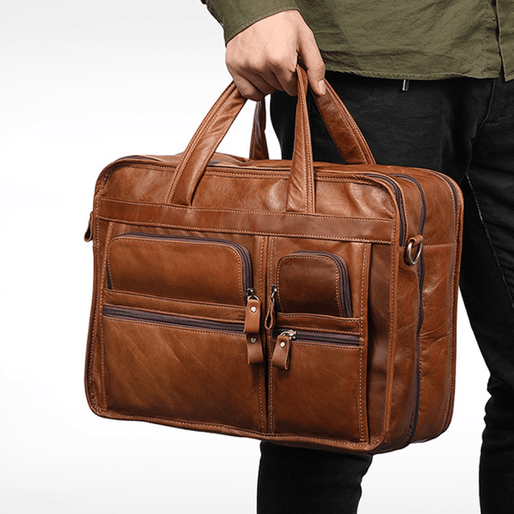 Men Genuine Leather Business Large Capacity 13.3 Inch Laptop Bag Handbag Briefcase - MRSLM