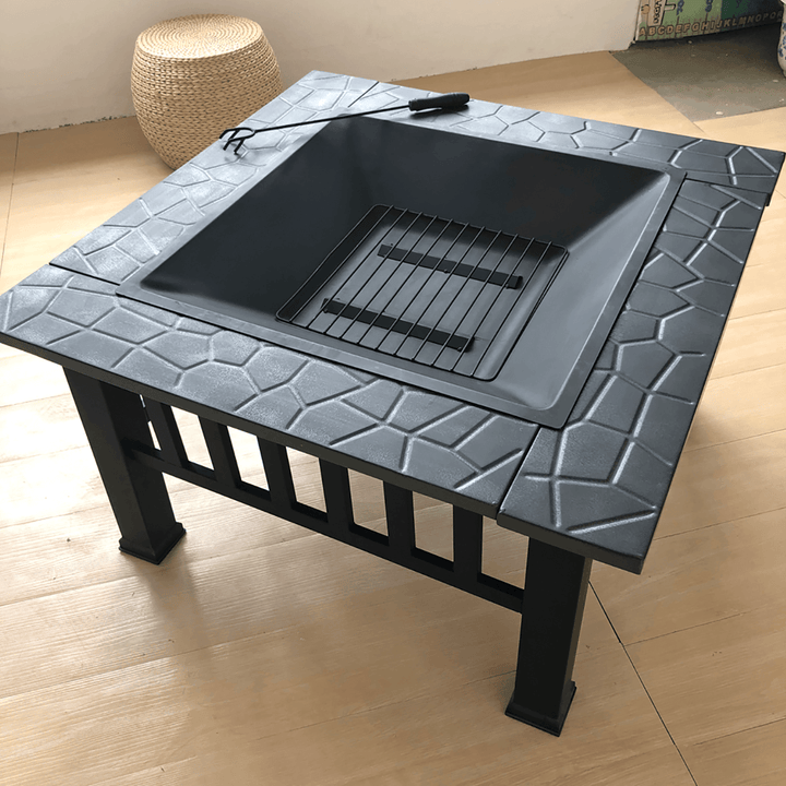 Outdoor Portable 32'' Metal Fire Pits Camping BBQ Square Table Backyard Patio Garden Stove Wood Burning Fireplace - MRSLM